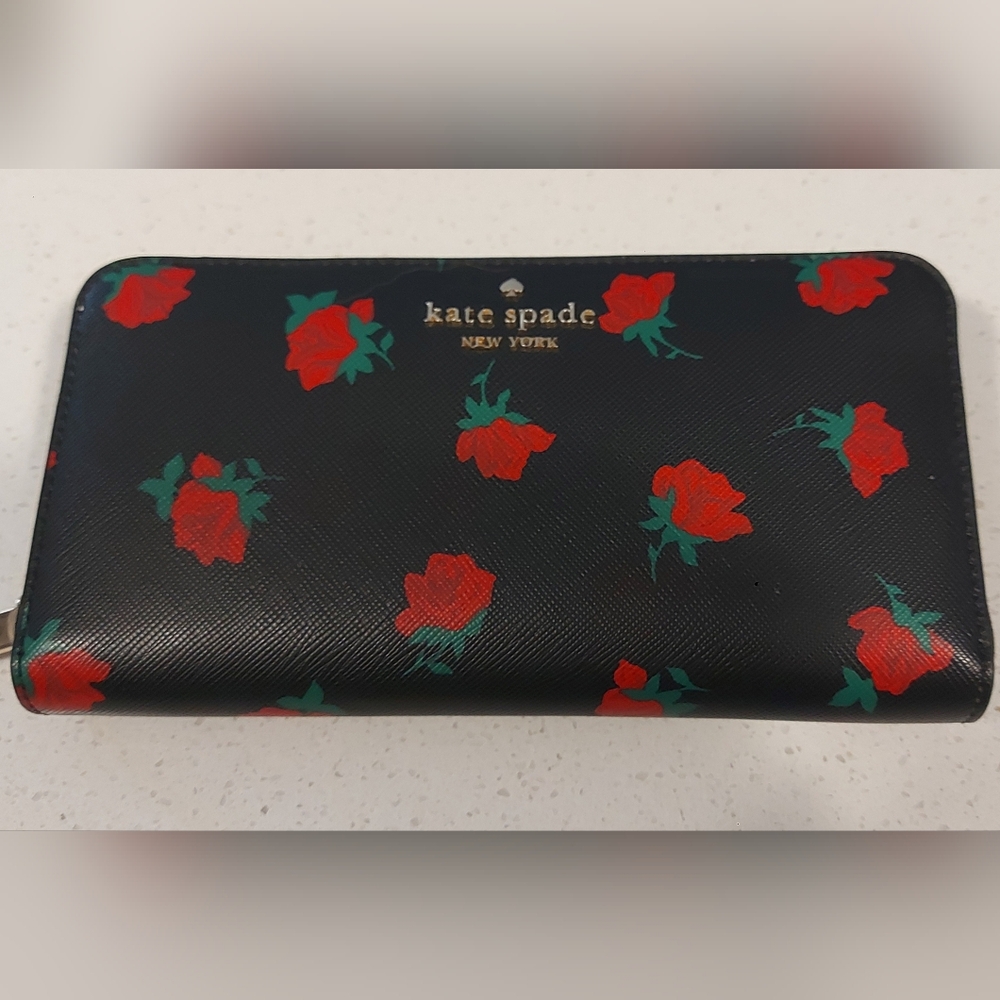 Kate Spade Black Wallet with Red Floral Design